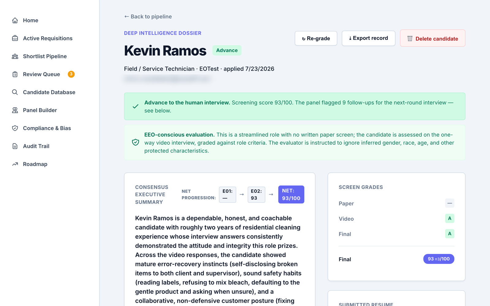 The Deep Intelligence Dossier: a candidate record with an advance recommendation, screening score, EEO-conscious evaluation notice, consensus executive summary, and screen grades
