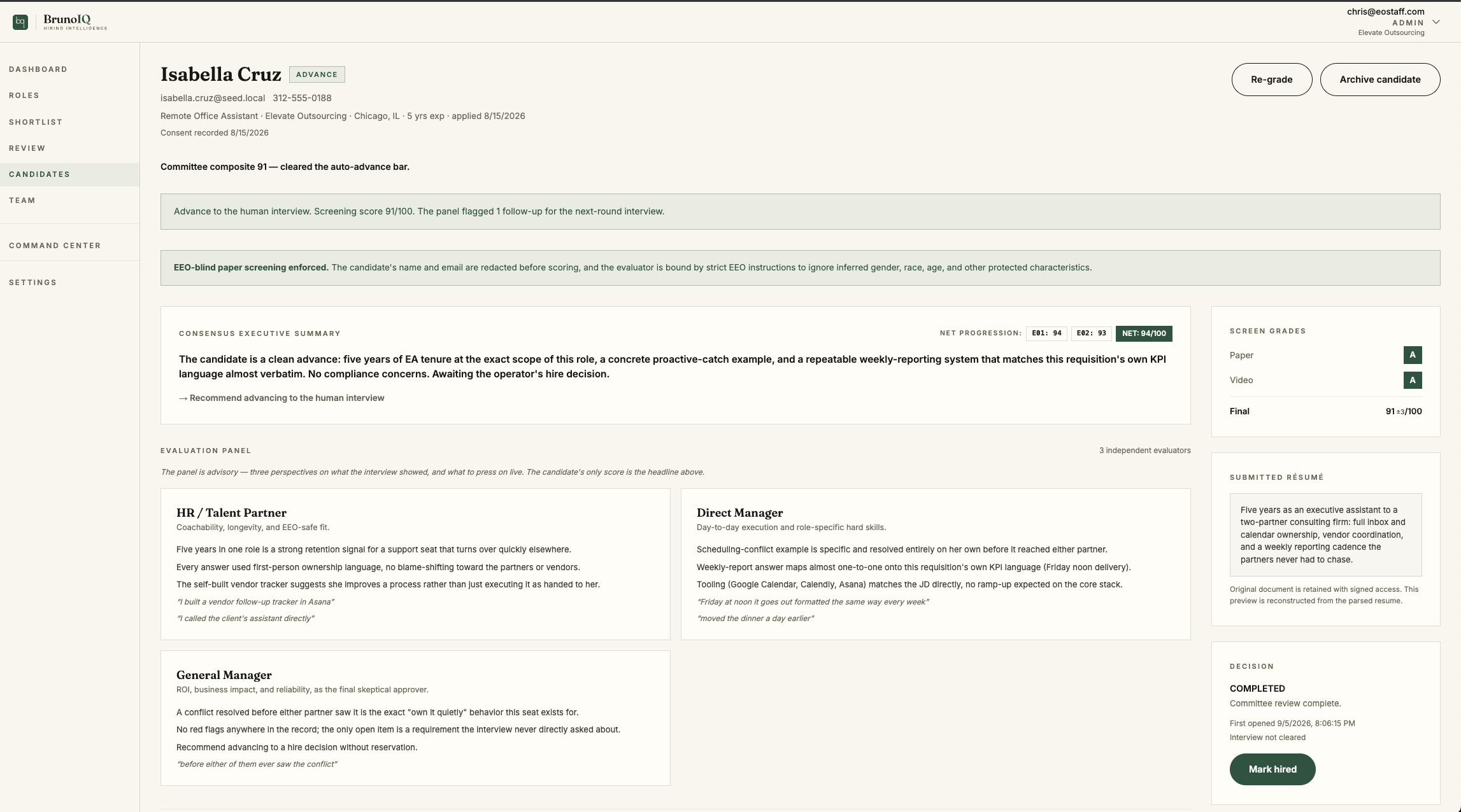 Bruno IQ candidate dossier showing consensus executive summary, evaluation panel, grades, submitted resume, and human hiring controls