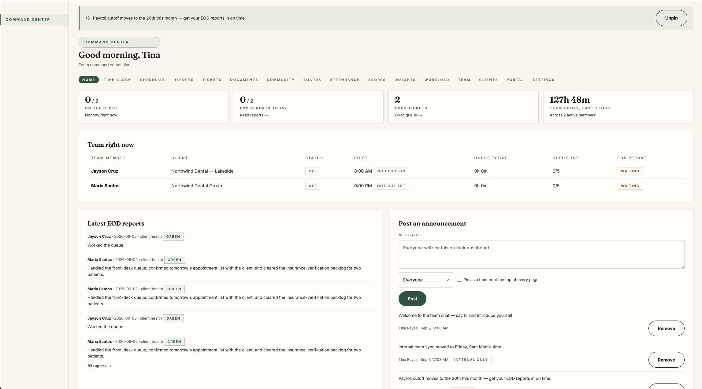 Bruno IQ Command Center showing team status, reports, tickets, payroll, and announcements