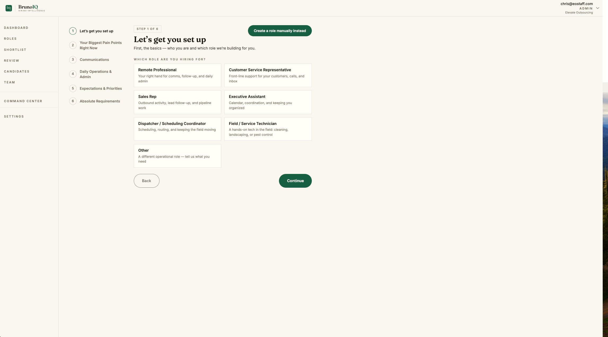Bruno IQ role setup screen showing a six-step guided process and role choices